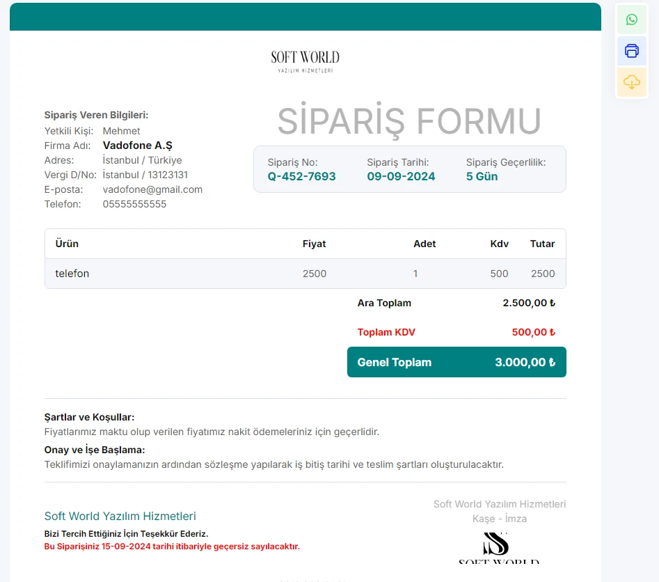 Sipariş hazırlama formu